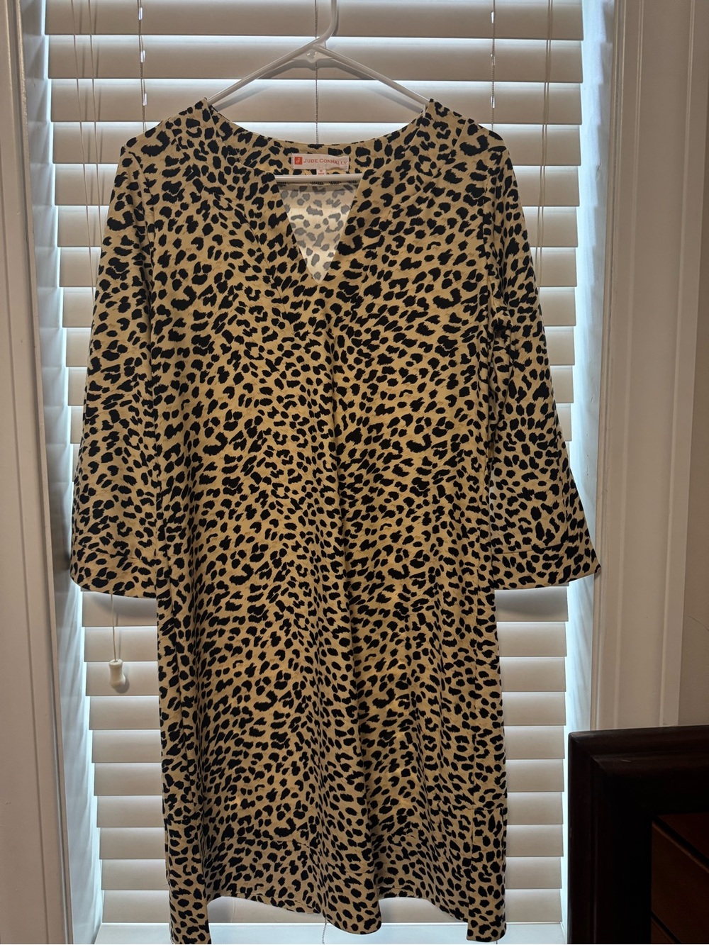 Jude Connally Black and Beige Leopard-Print Midi Dress